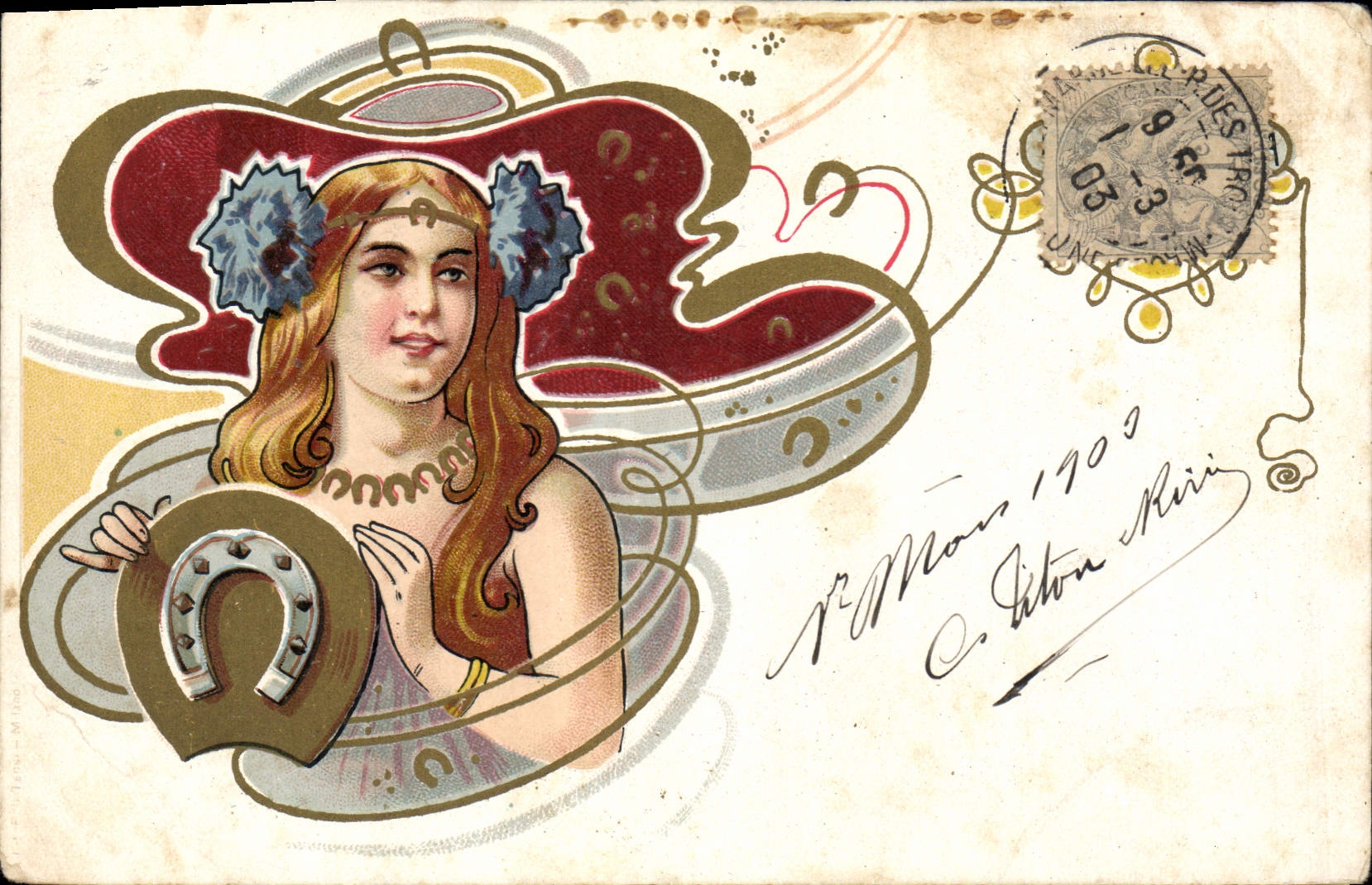 CPA Fantaisie Illustrateur Femme Fer a cheval 