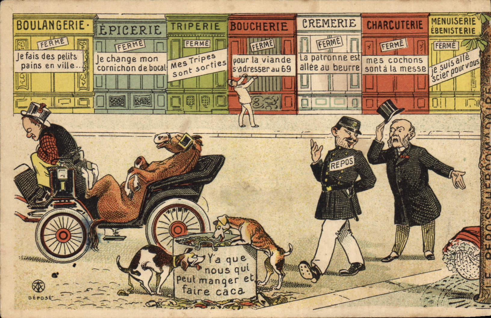 CPA Fantaisie Illustrateur Boulangerie Epicerie Triperie boucherie Cremerie Policier Automobile Cheval chien 