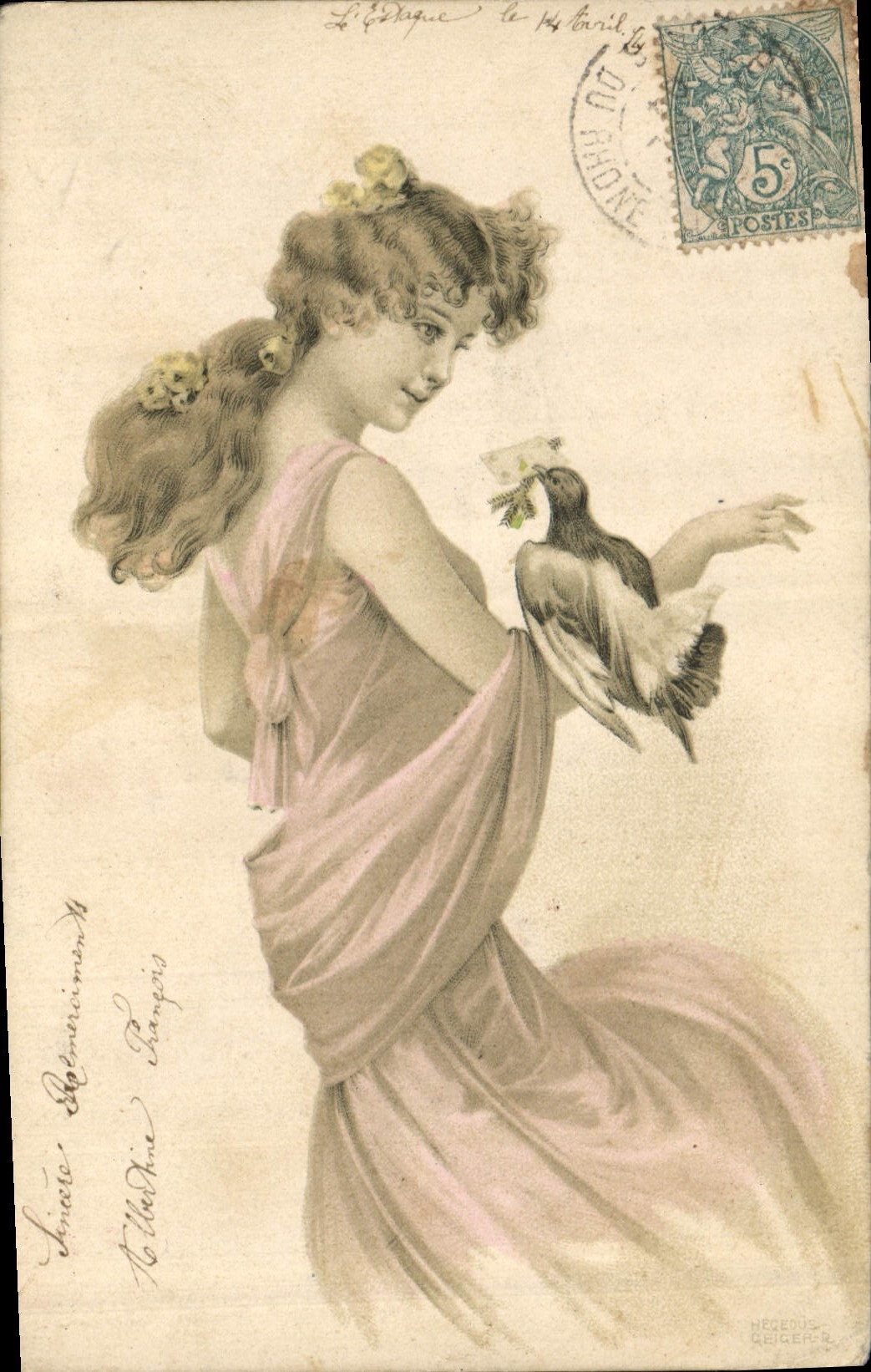 CPA Fantaisie Illustrateur Femme Oiseau 