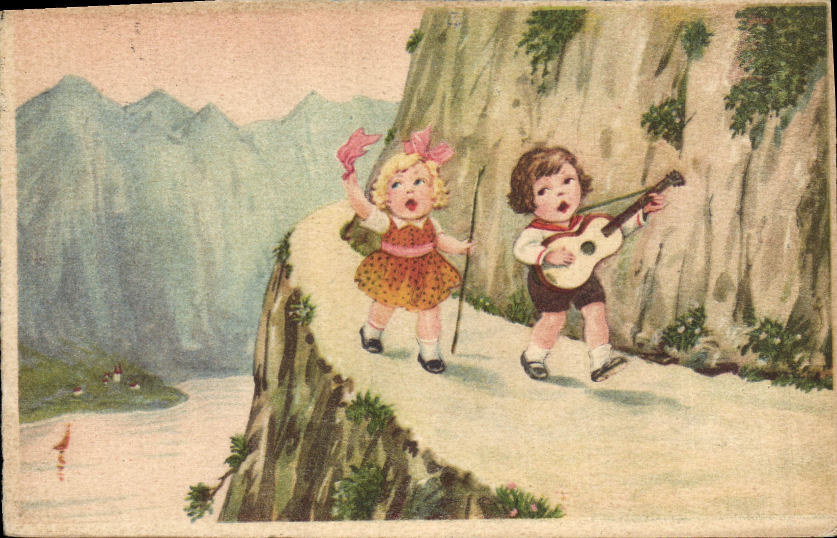 CPA Fantaisie Illustrateur Enfants Guitare 