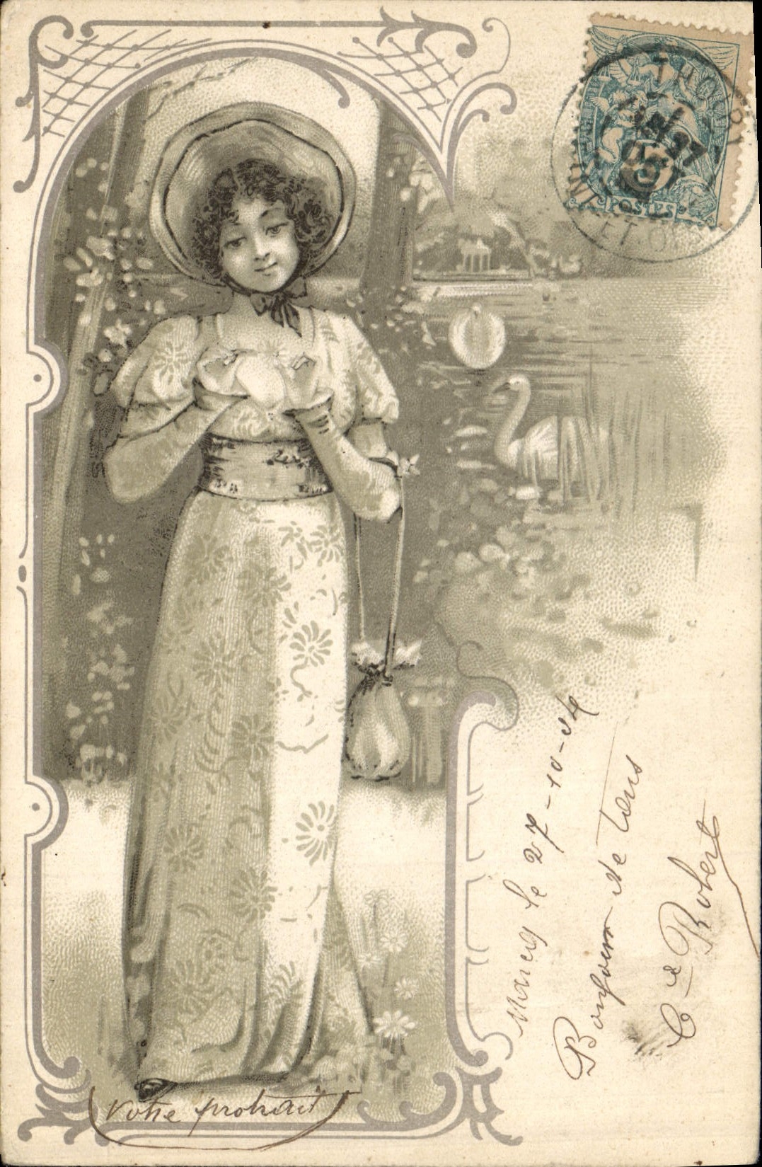 CPA Fantaisie Illustrateur Femme Cygne