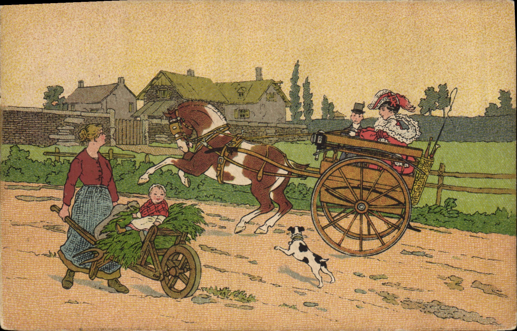 CPA Fantaisie Illustrateur Caleche Cheval Chien 