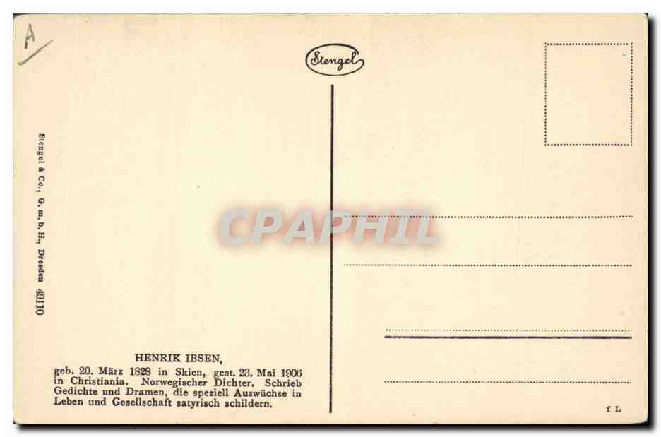 Henrik Ibsen — portrait gravé — Stengel & Co., Dresden 40/110 — Verso