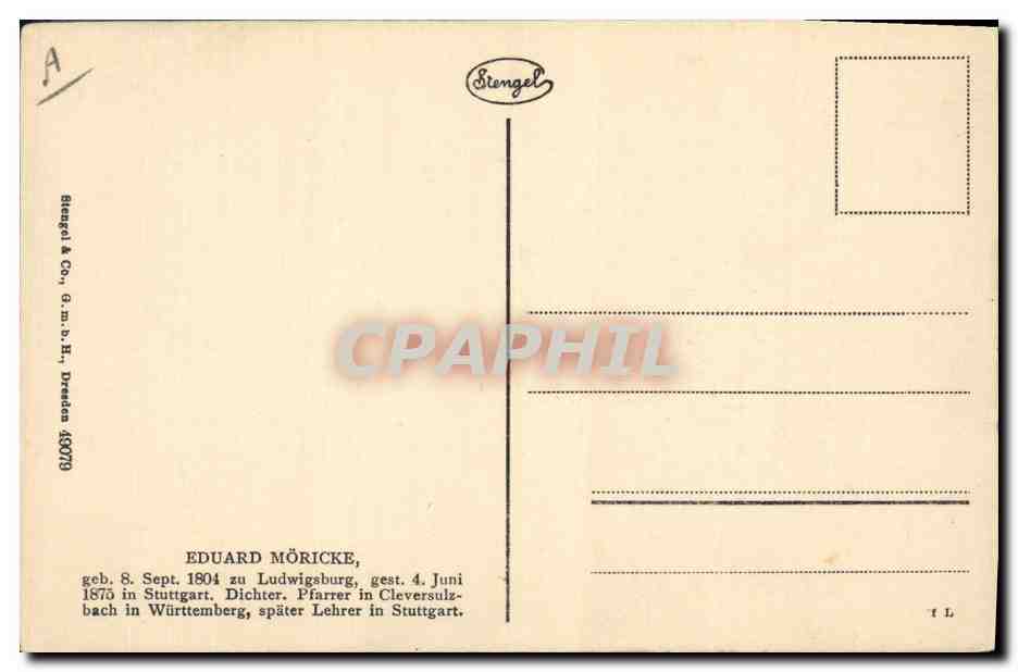 Eduard Mörické — portrait gravé avec signature — Stengel & Co. — Verso