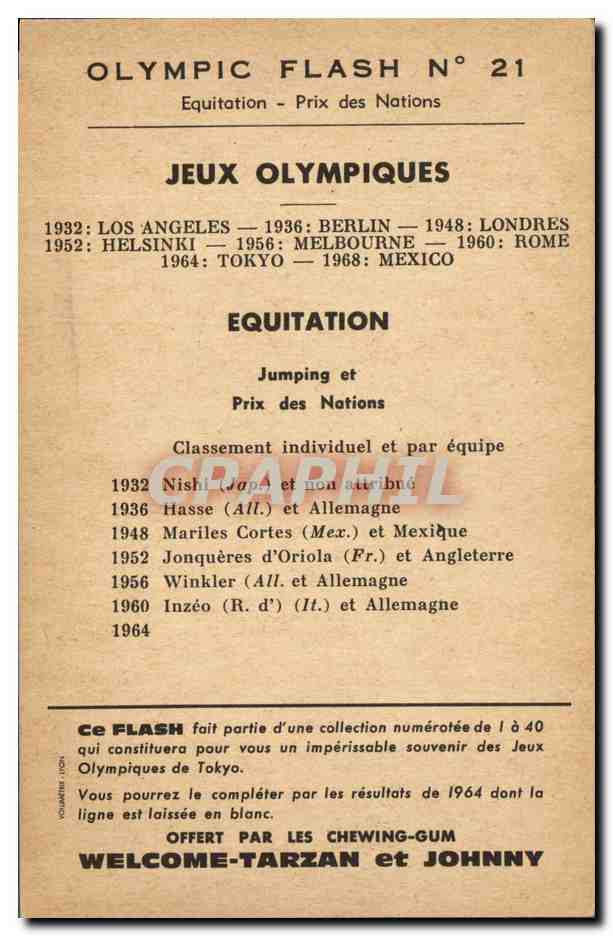 CPA Hippisme Equitation Jeux Olympiques Chewing Gum Welcom Tarzan et Johnny  — Verso