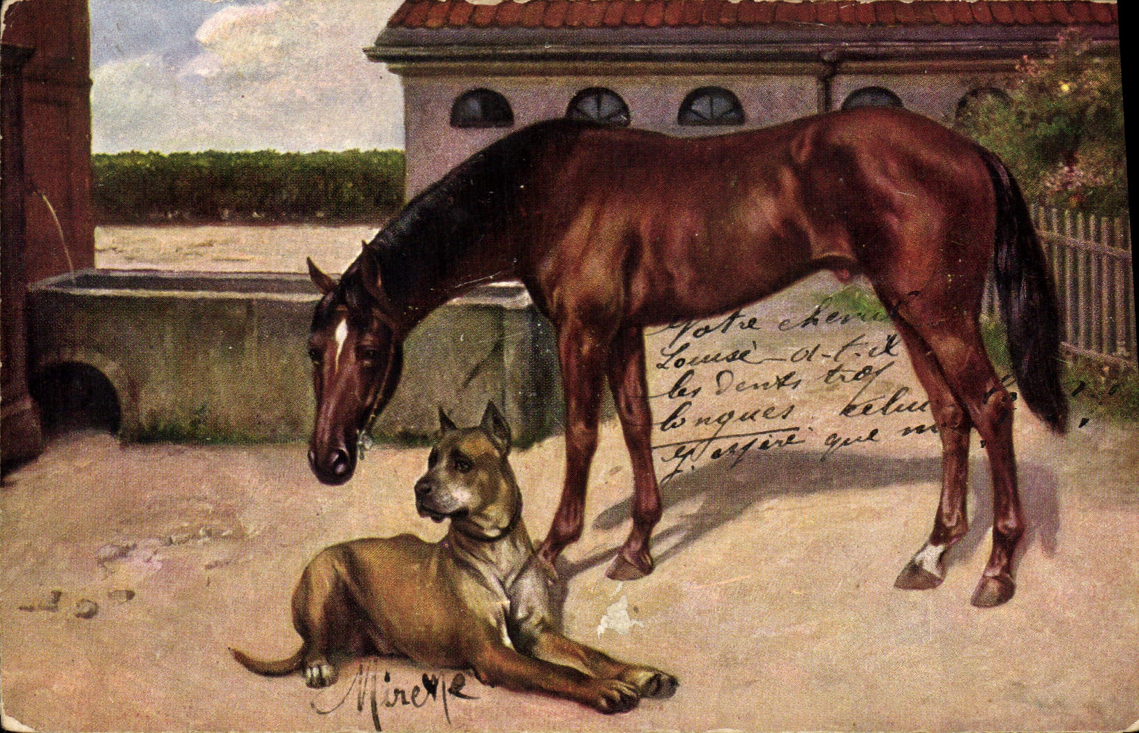 Cheval et chien — scène de ferme — Mireme
