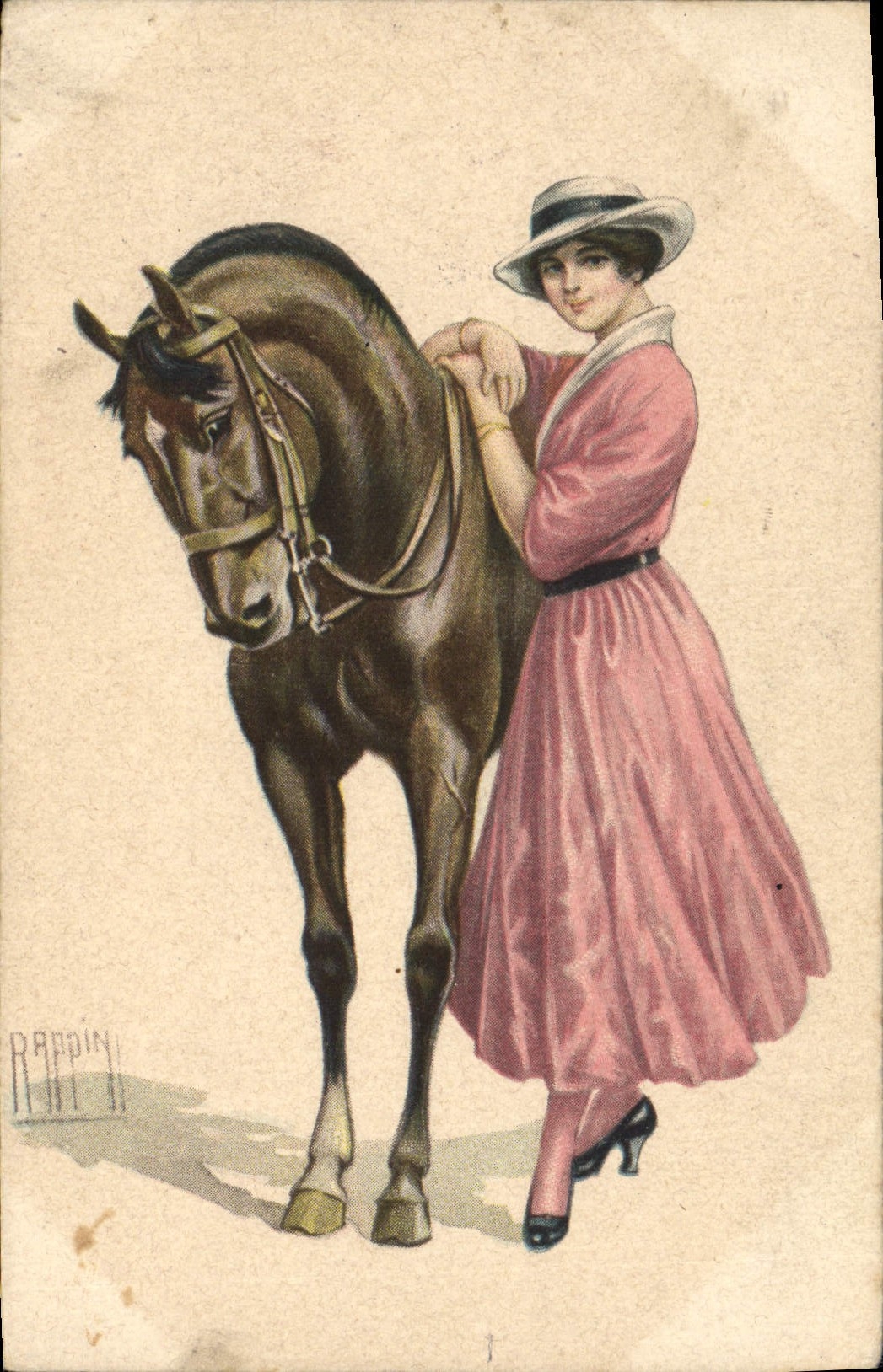 Femme en robe rose avec un cheval — illustration — Rappin