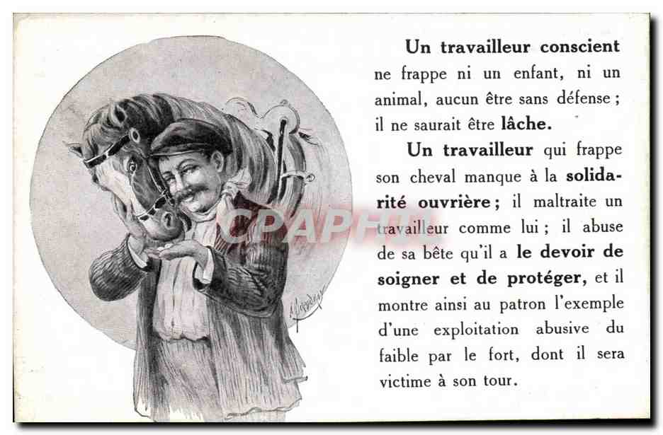 Un travailleur conscient — caricature d'un homme frappant un cheval — éditeur Machard & Longis