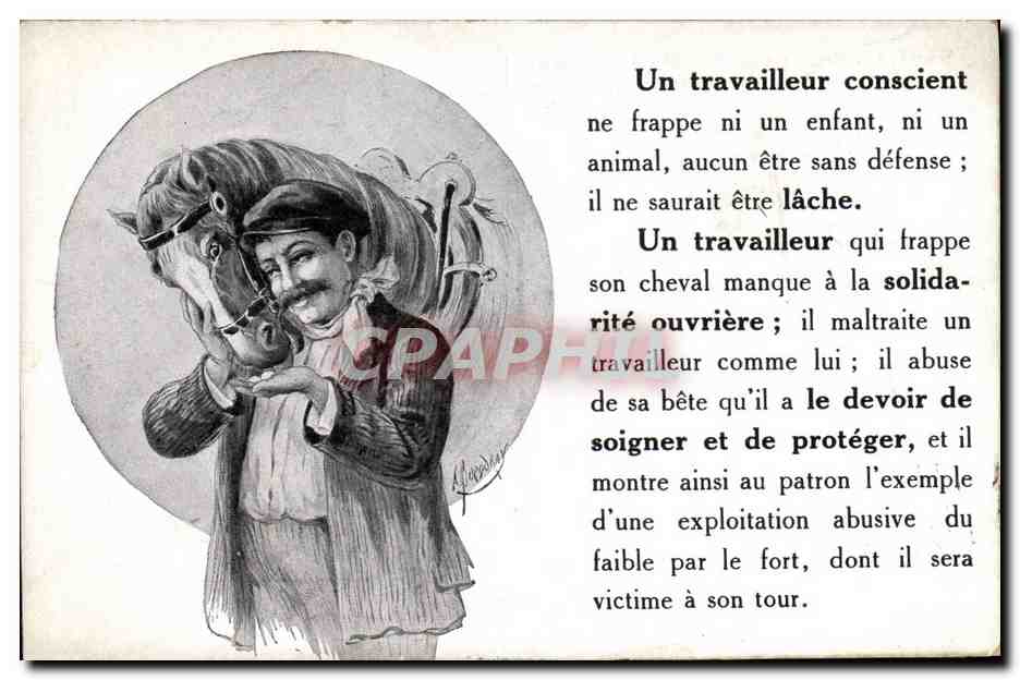 Un travailleur conscient — une caricature d'un homme caressant un cheval — éditée par Machard & Longis