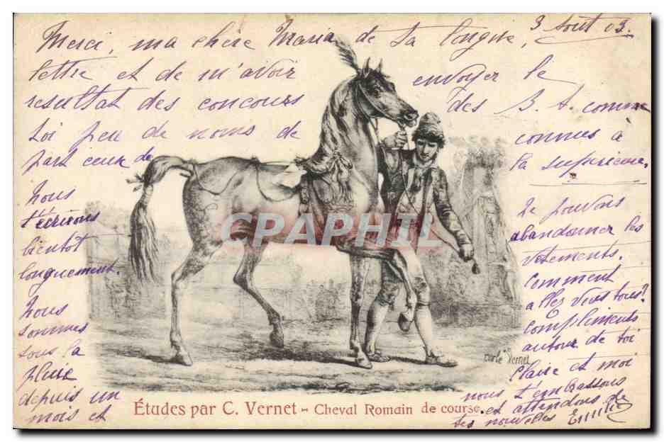 Cheval Romain de course — Études par C. Vernet — Cartolina Postale Paris