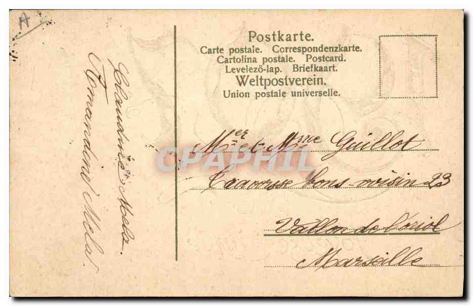 Carte de vœux 1907 — Joyeuse année — éditeur non visible — Verso
