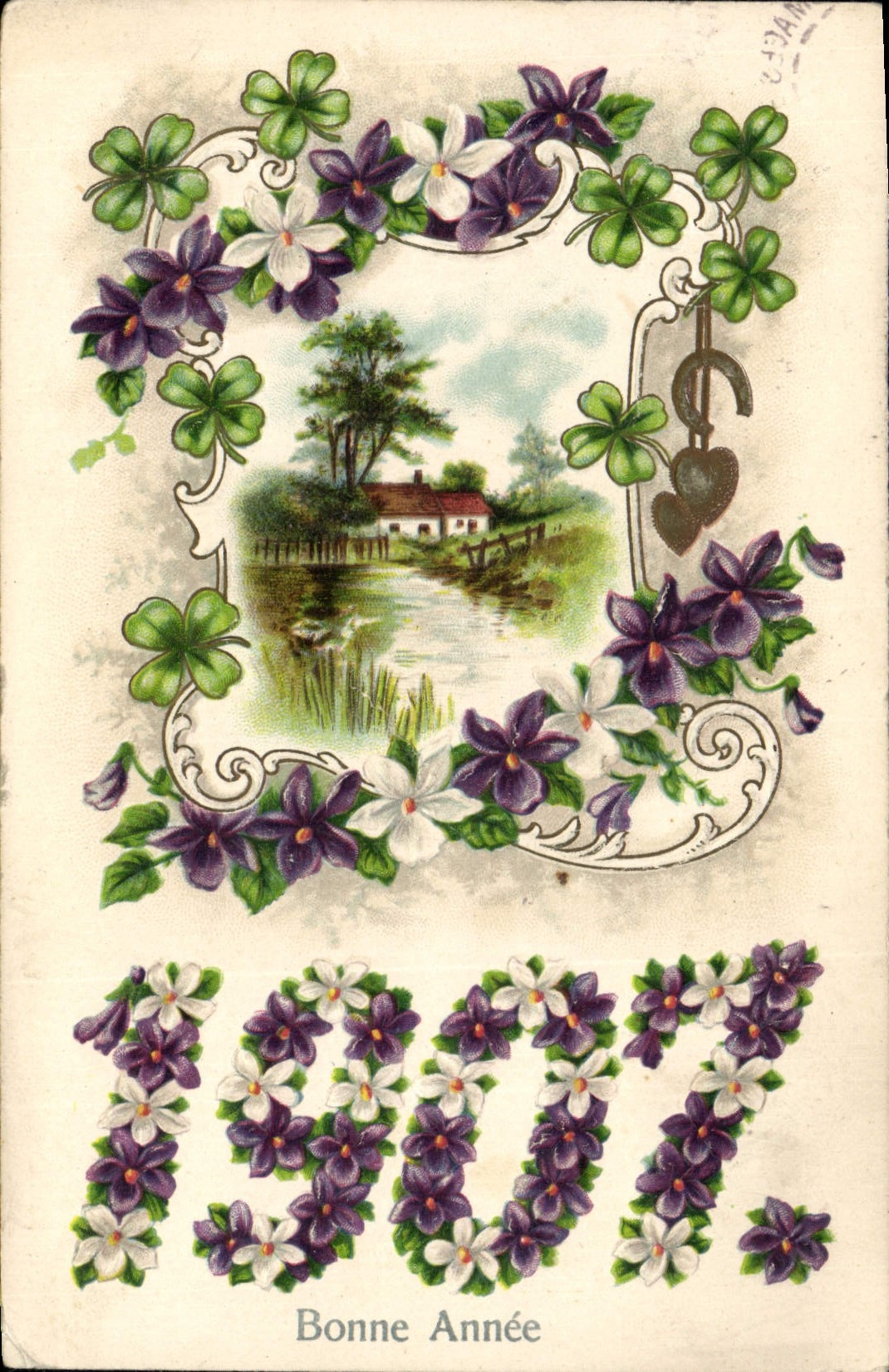 Bonne Année 1907 — décor de violettes et trèfles — S. A. B. Paris
