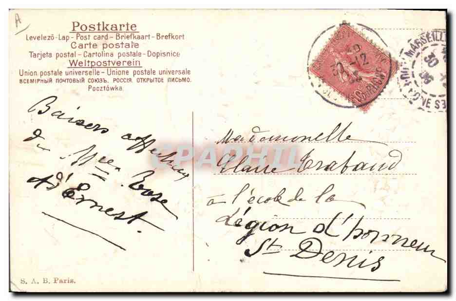 Bonne Année 1907 — décor de violettes et trèfles — S. A. B. Paris — Verso