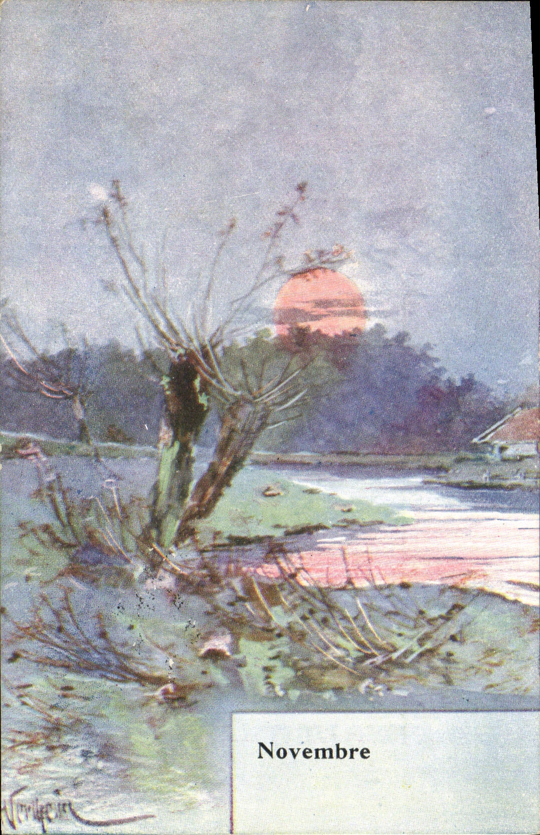 Novembre — paysage d'automne avec soleil couchant — éditeur B. K. W. I, n° 724-11