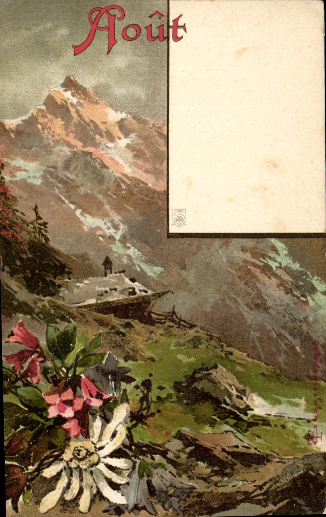 Montagnes en août — illustration avec fleurs — éditeur S. H. (S. H. Paris)