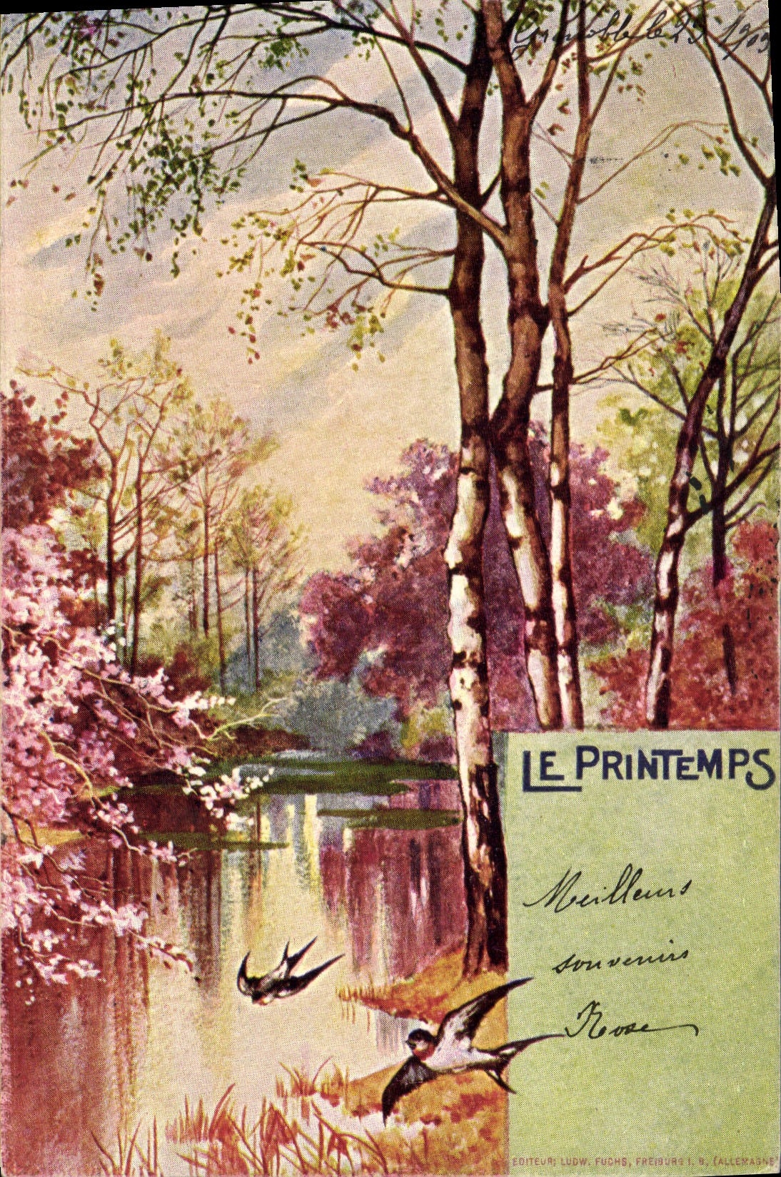 Paisaje primaveral con gorriones — Editor Low Fuchs, Friburgo (Alemania) — n° 1