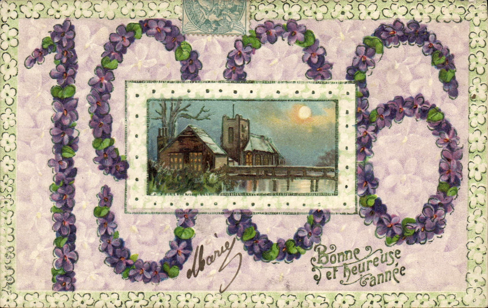 Violettes et maison au bord de l'eau — Bonne et heureuse année — éditeur non visible, n° de série non visible