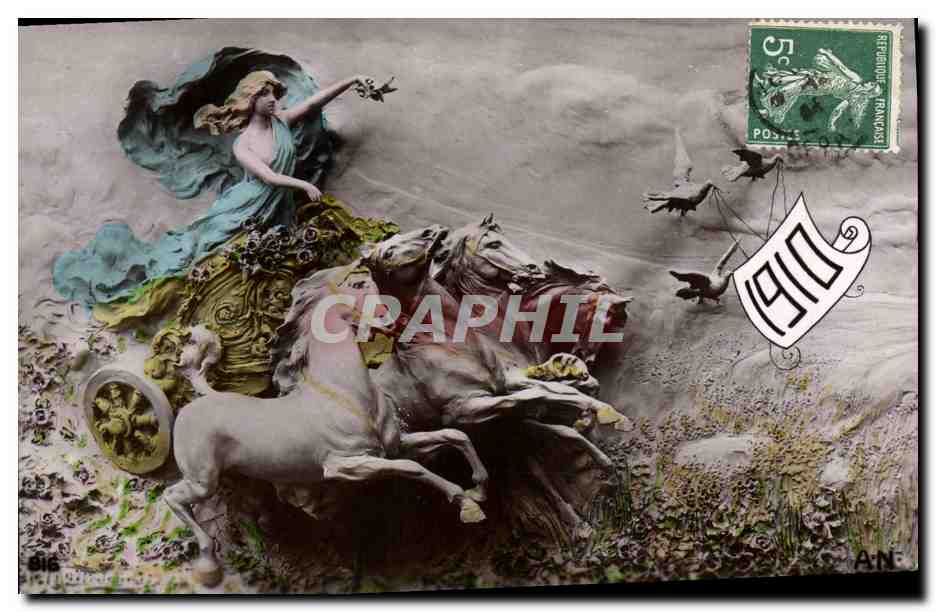Déesse à calèche tirée par des chevaux — sculpture — éditeur A.N. n° 1910