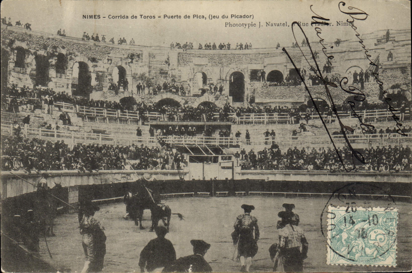 Nîmes - Corrida de Toros - Puerte de Pica (jeu du Picador) — Phototypie J. Navatel, Rue Picador, Nîmes