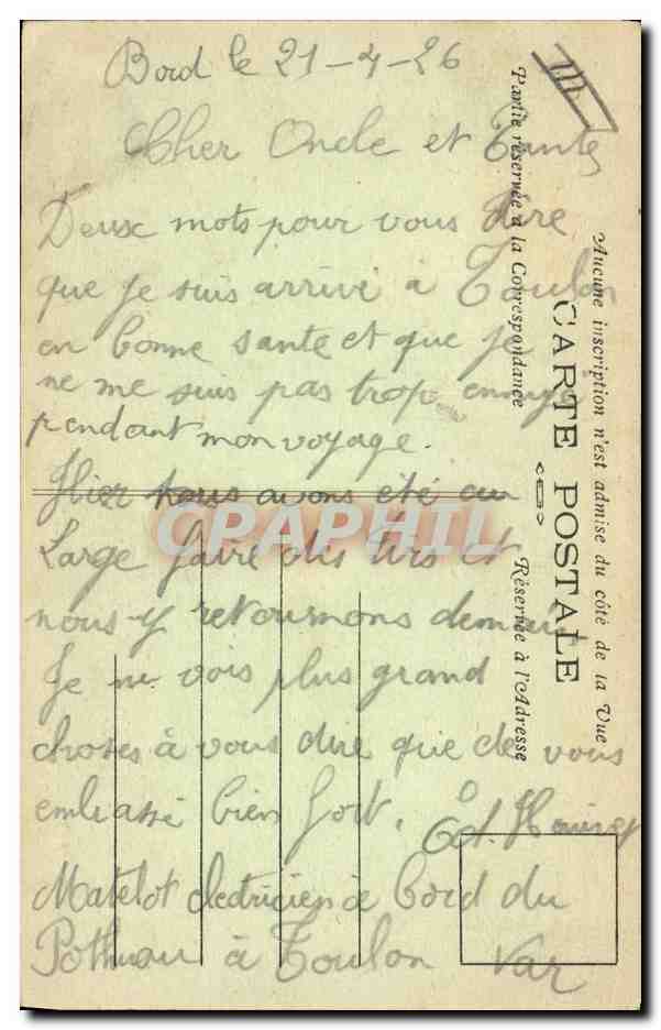 CPA Bateau de Guerre Croiseur Pothuau  — Verso