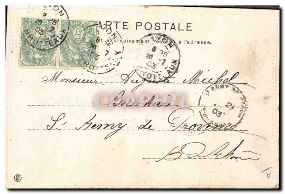 Portrait d'une jeune femme — carte postale à l'adresse de M. Auguste Michel — éditeur non identifié, n° de série non visible — Verso