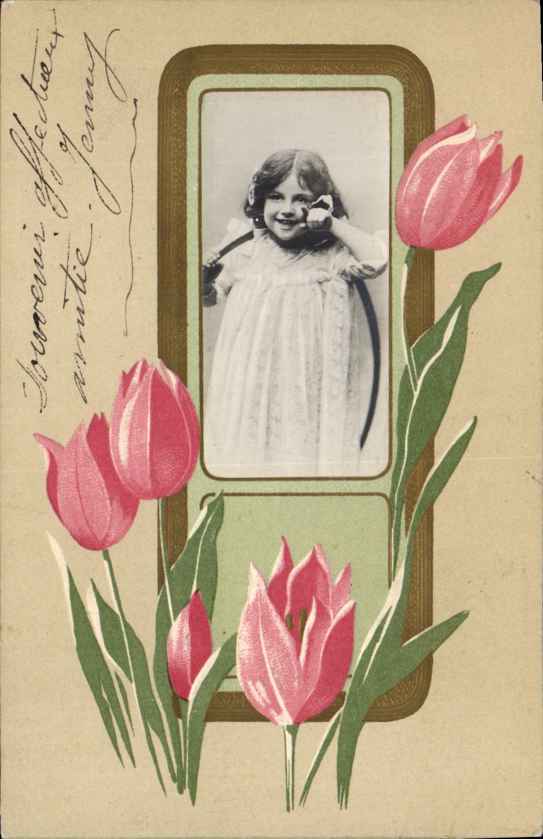 Fille souriante — tulipes roses — éditeur S. 423, N° 41