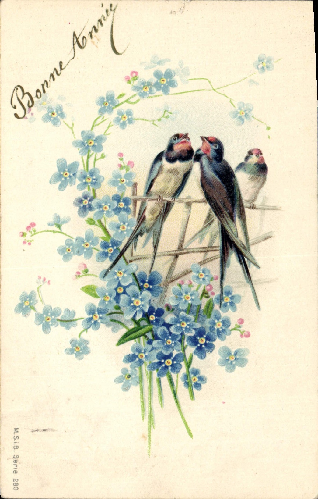 CPA Fantaisie Fleurs Hirondelles 