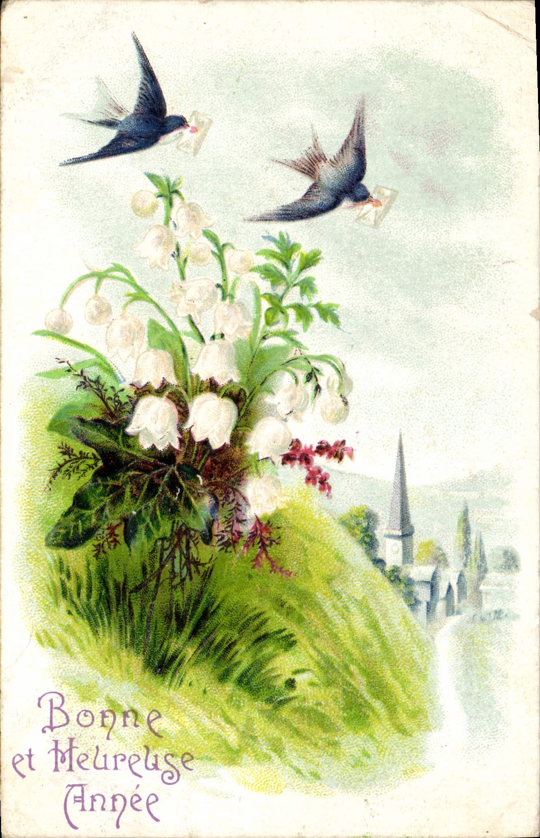 CPA Fantaisie Fleurs Muguet Hirondelles 