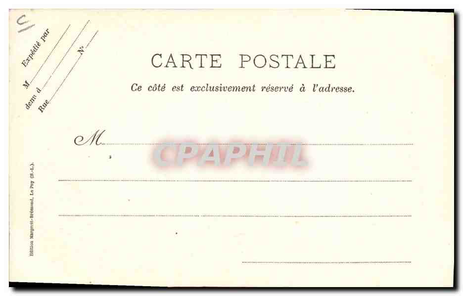Le Puy - La Dentellière ponote avec sa large coiffure tuyautée, dite à boules, exclusivement portée au Puy, à Espaly et dans la banlieue — Clleché M. B. — Reprod. interd. — Verso