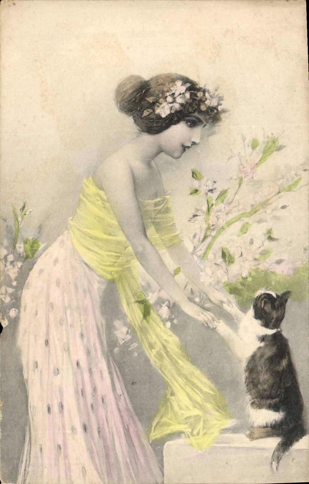 Femme en robe jaune et rose avec un chat — Raphaël Tuck & Fils, Série 620