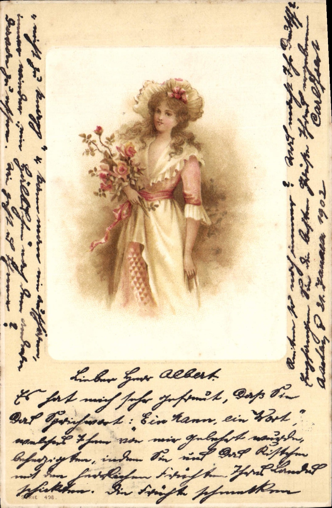 Jeune femme en robe claire tenant un bouquet — série 498 — éditeur Levelezó-Lap