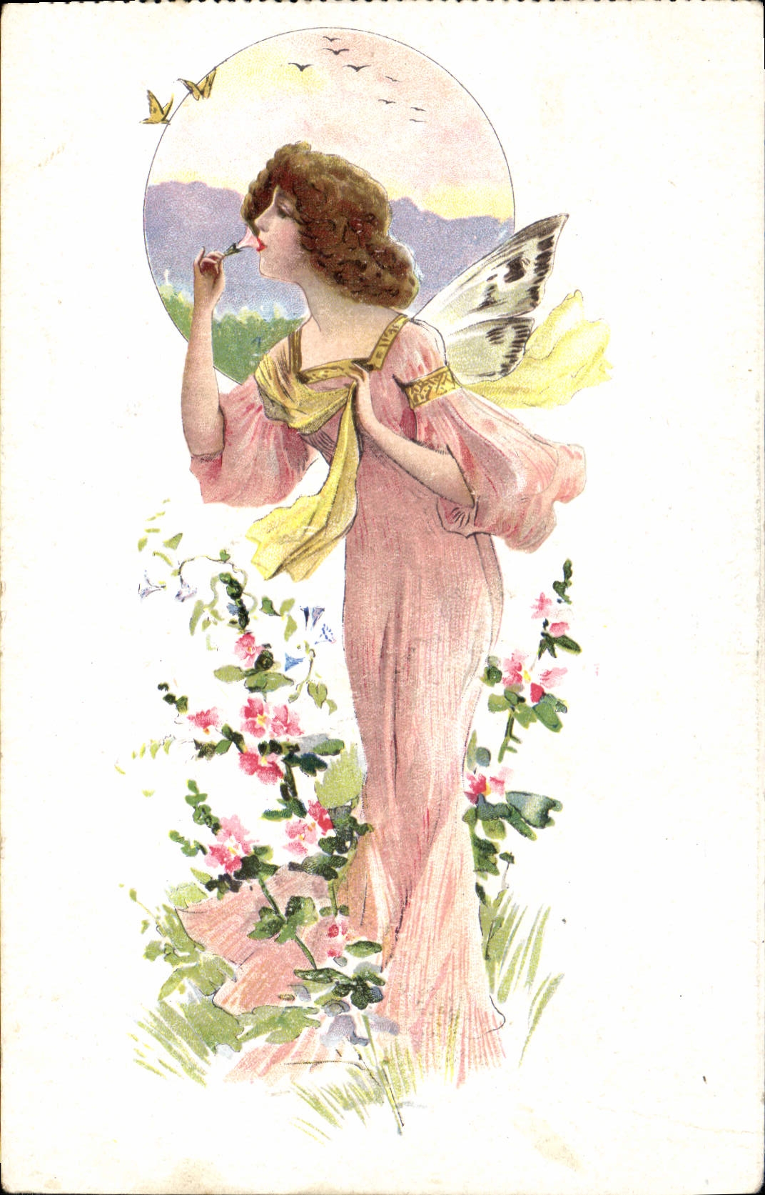 Fée aux ailes de papillon — dans un jardin fleuri — éditeur non visible