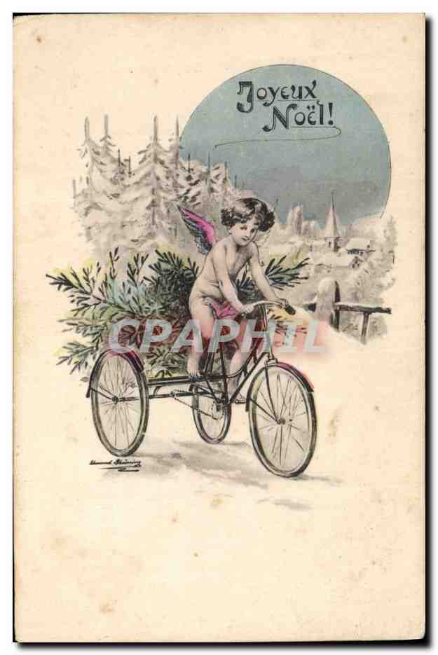 CPA Fantaisie Ange Velo Cycle Noel 