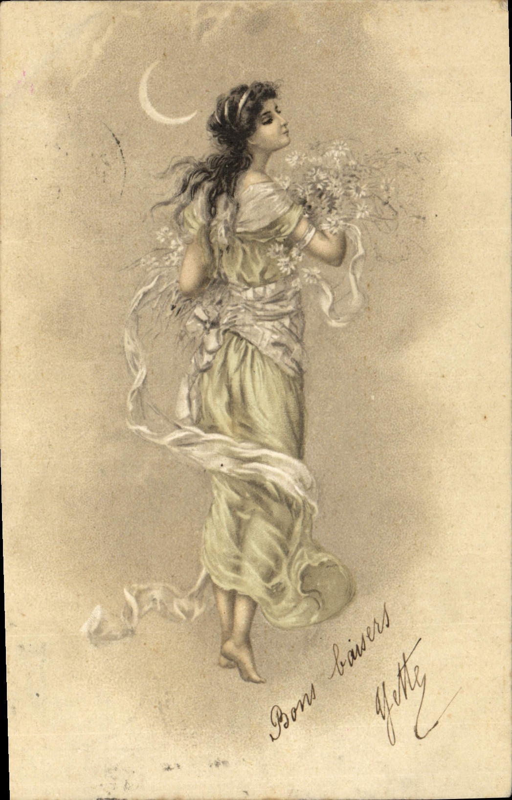 Jeune femme en robe antique tenant un bouquet — dessin signé 'Glette' — série 'Bons baisers'