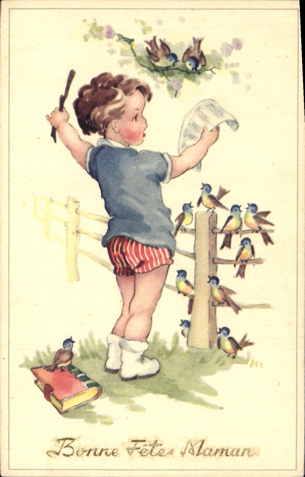 CPA Fantaisie Enfant Bonne fete maman Oiseaux 