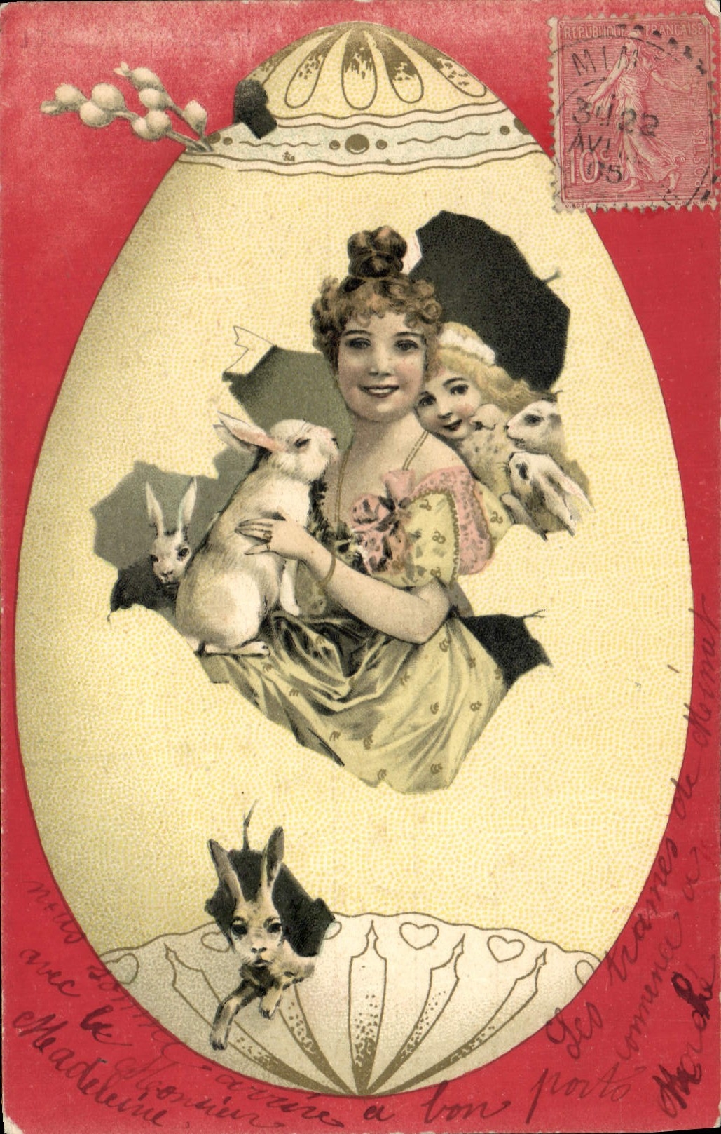 Fête de Pâques — femme et lapins dans un œuf — éditeur non visible
