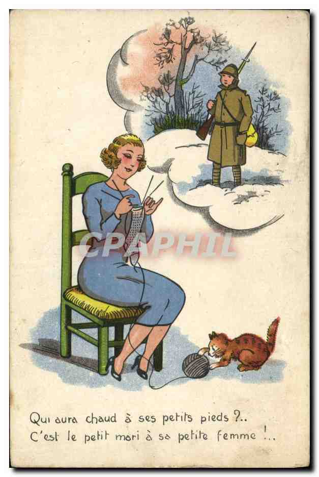 CPA Fantaisie Femme Soldat Militaria Chat Chaton 