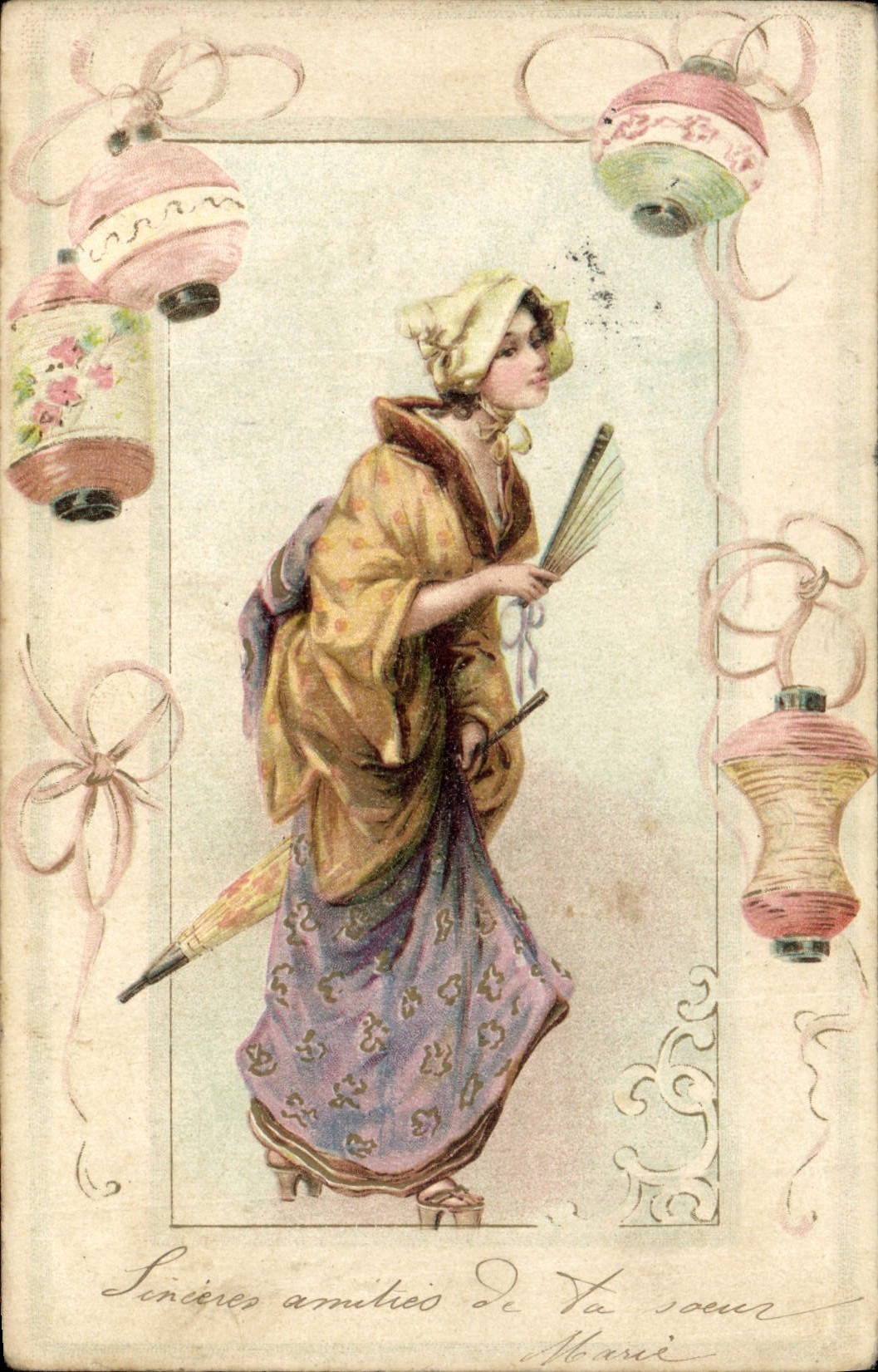CPA Fantaisie Femme Eventail