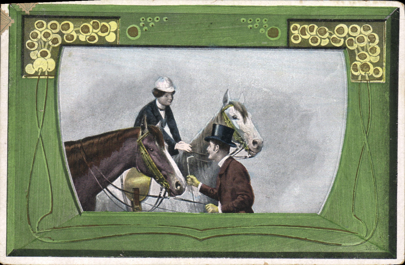 Deux cavaliers et leurs chevaux — illustration encadrée — éditeur non visible