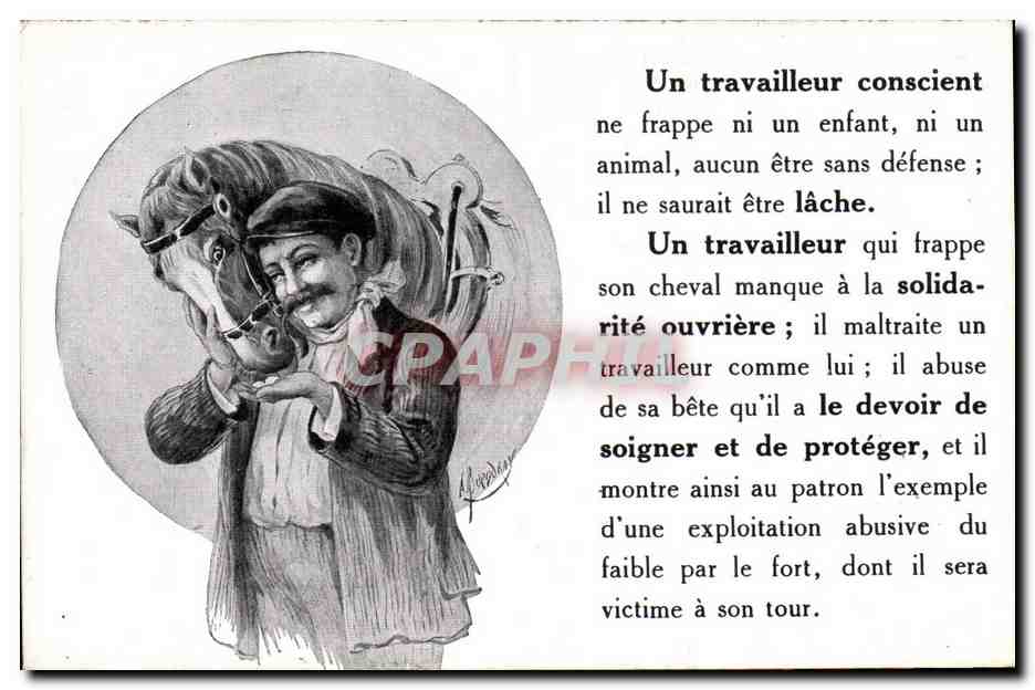 Un travailleur conscient — caricature d'un homme caressant un cheval — éditeur Machard & Longis