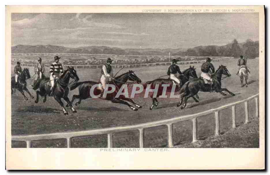 Preliminary Canter — Course de chevaux — Éditeur S. Ellis & Co. Ltd, Londres & Manchester