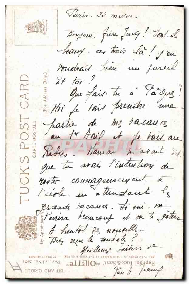 Trois chevaux — peinture — Tuck's Post Card, n° 3471 — Verso