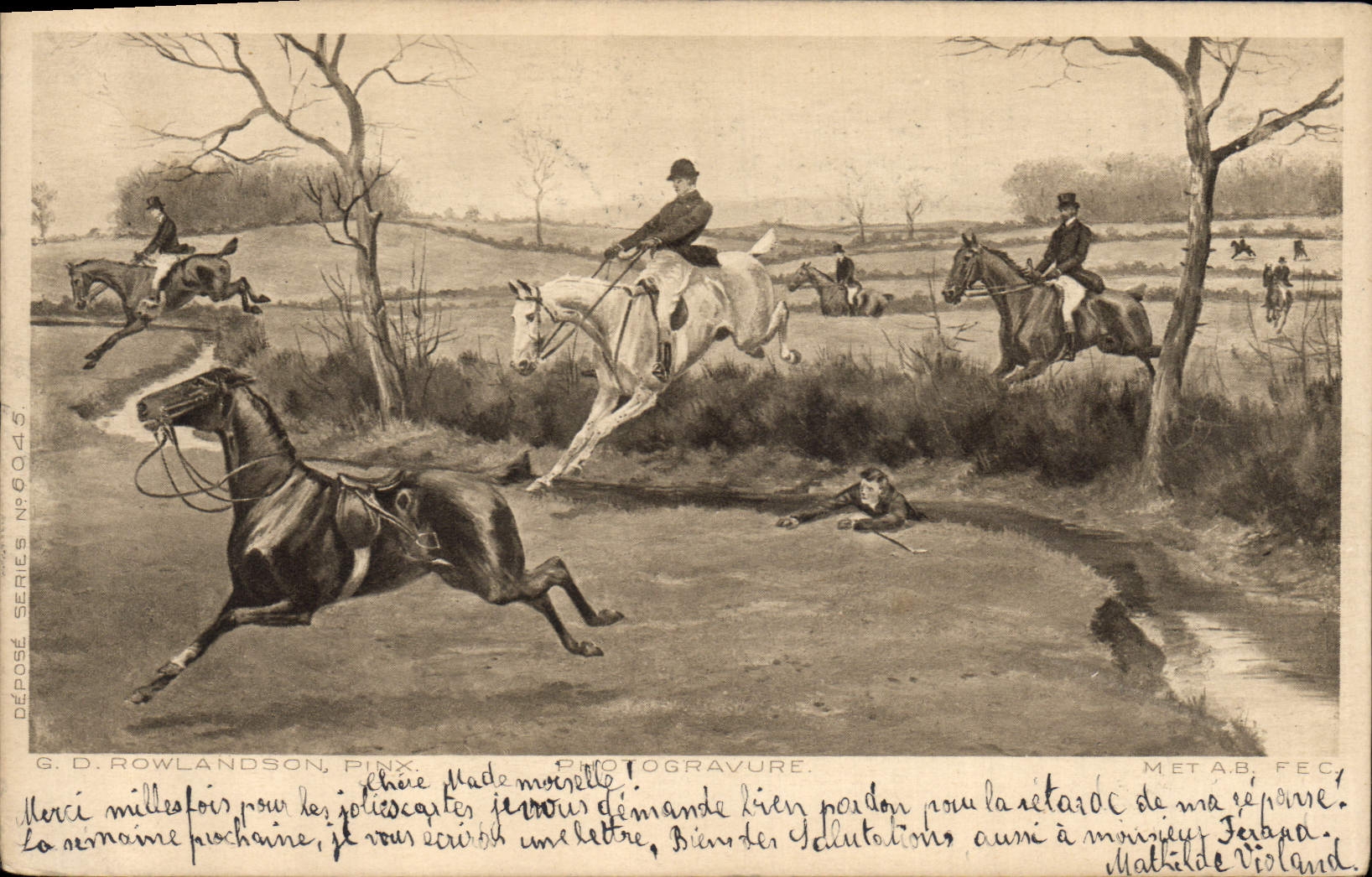 Chasse à cheval — Sujet de carte postale — G. D. Rowlandson, Pink, Photogravure