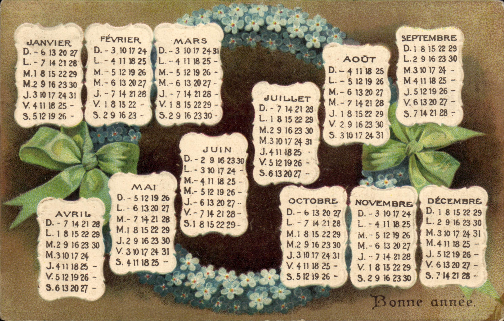 Calendrier annuel — décor floral — éditeur inconnu