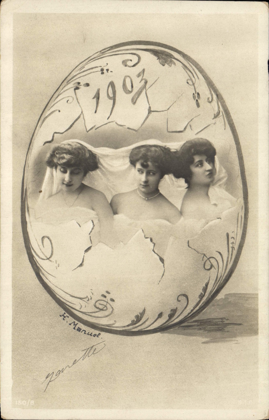 Trois jeunes femmes dans un œuf — Année 1903 — H. Manuel, série 150/B