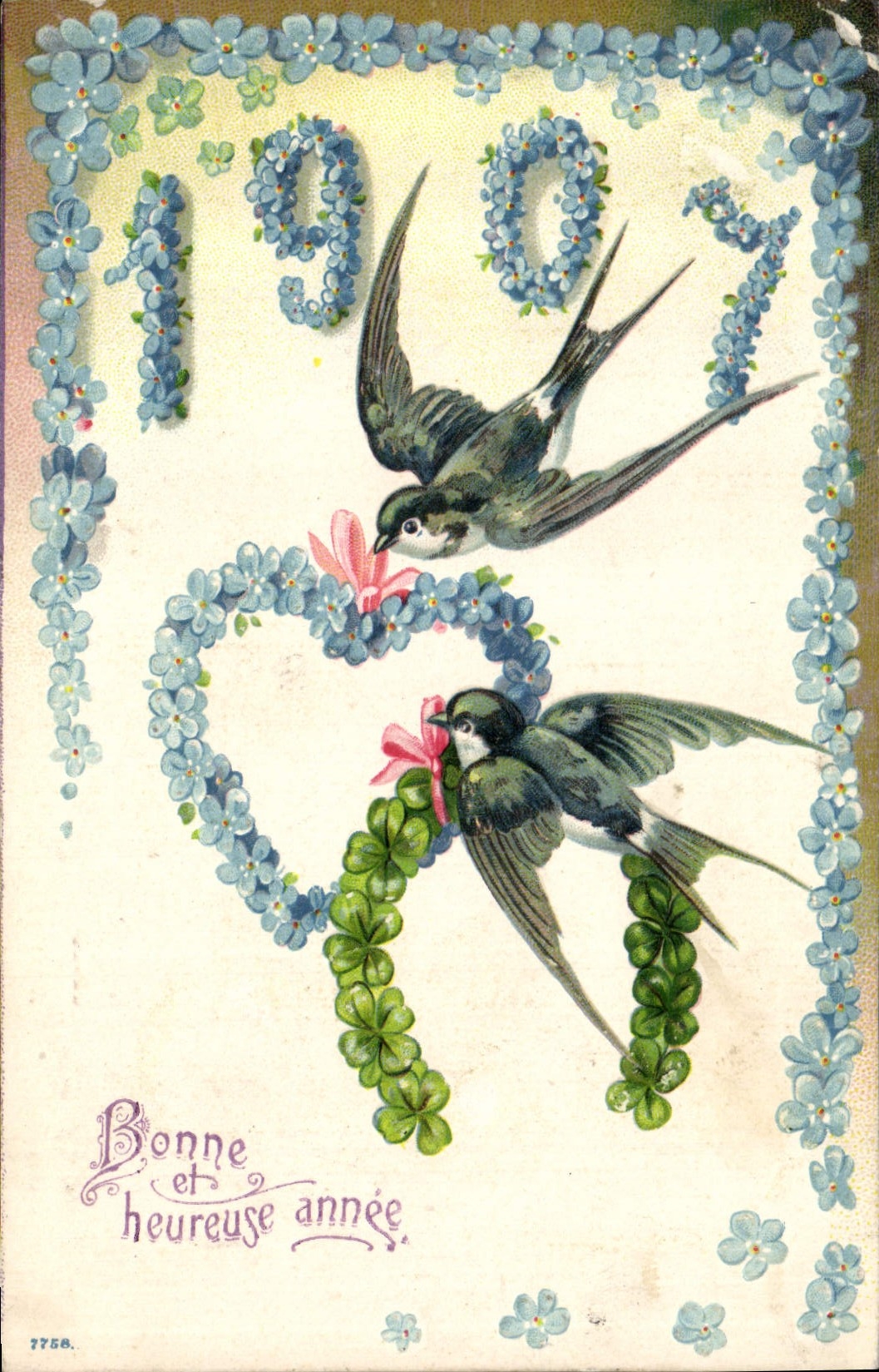 Deux hirondelles et cœur de fleurs — 1907 — n° 7758