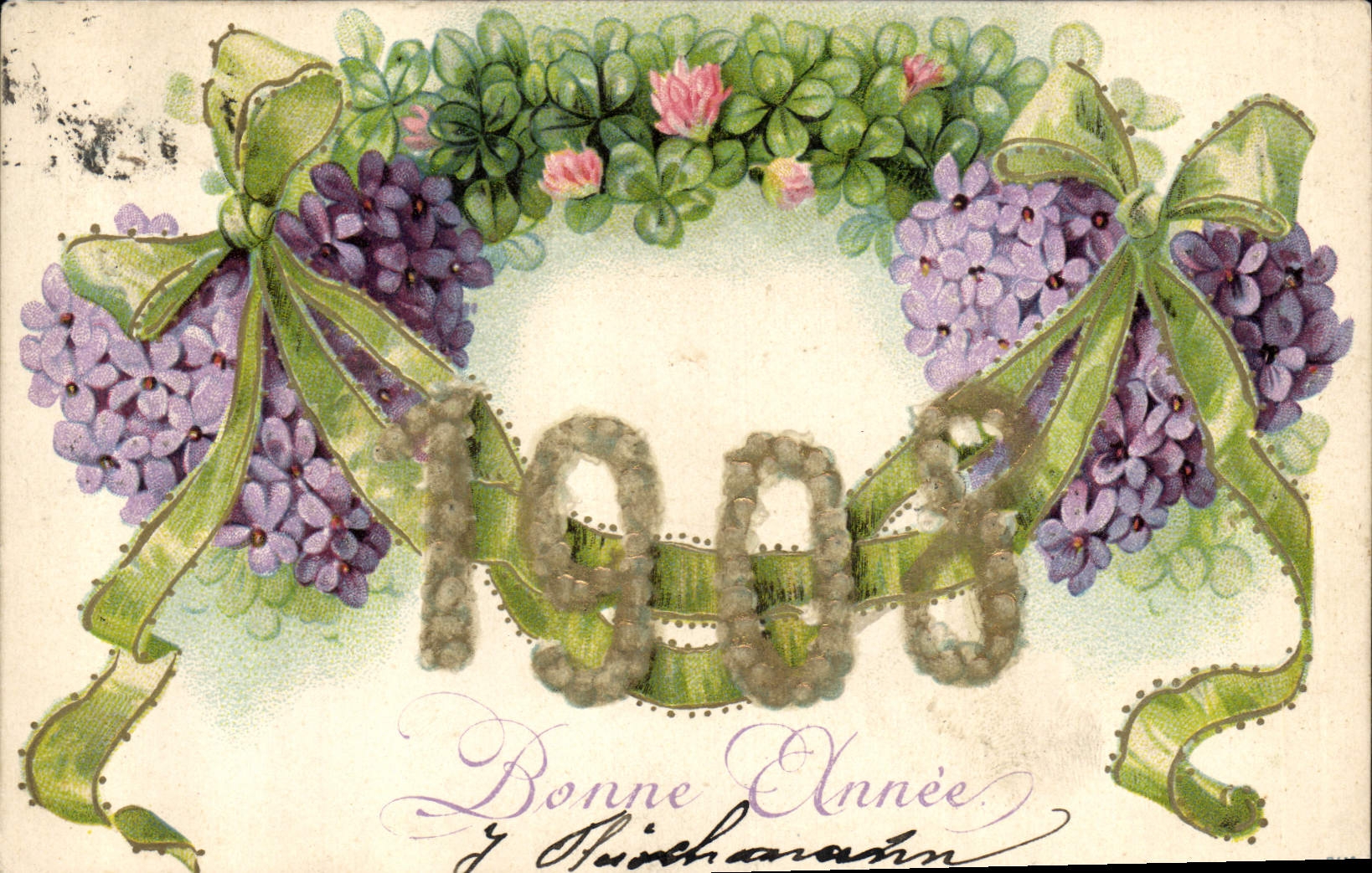 Bonne Année 1908 — décor de lilas et rubans — éditeur inconnu