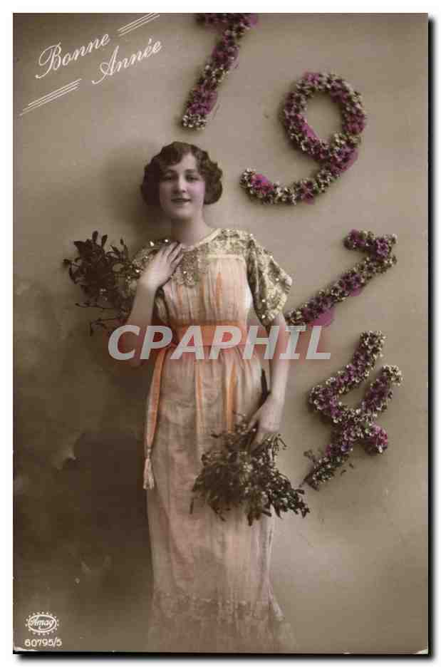 Femme en robe à motifs — Bonne Année 1914 — éditeur J. Mamy, n° 60795/5