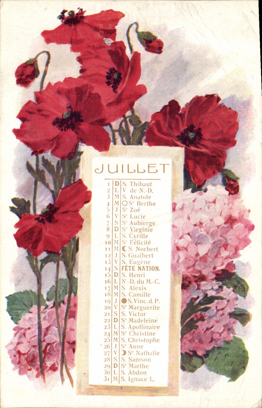 Fleurs de juillet — calendrier des saints — éditeur Color Postal