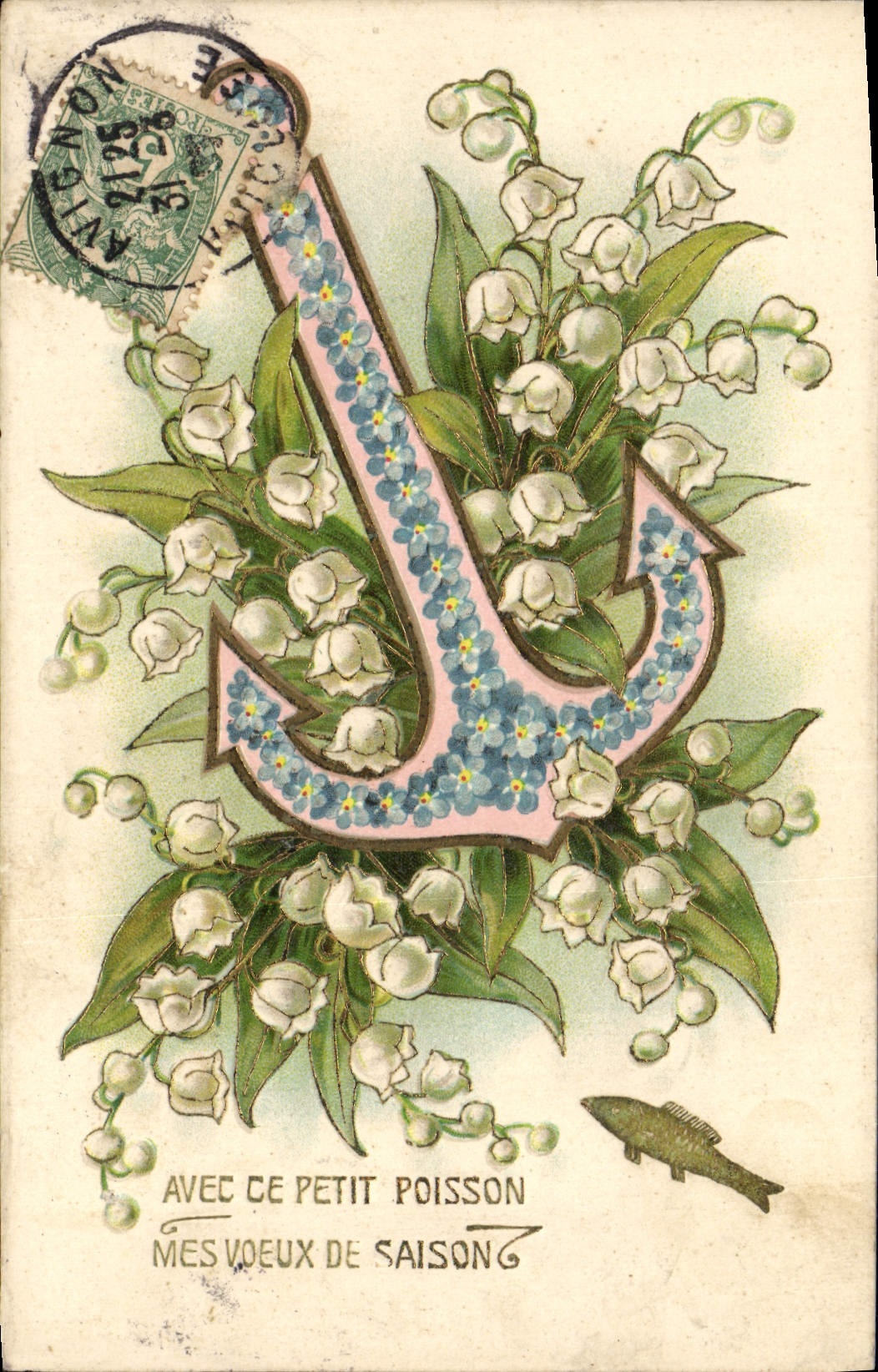 CPA Fantaisie Fleurs Ancre de marine poisson Muguet 